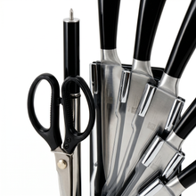 Modern Stainless Steel Knife Set with Rotating Black Stand - Ergonomic Handles & Kitchen Scissors