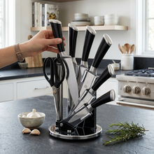 Modern Stainless Steel Knife Set with Rotating Black Stand - Ergonomic Handles & Kitchen Scissors