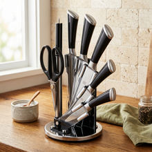 Modern Stainless Steel Knife Set with Rotating Black Stand - Ergonomic Handles & Kitchen Scissors