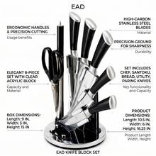 Modern Stainless Steel Knife Set with Rotating Black Stand - Ergonomic Handles & Kitchen Scissors