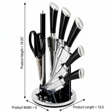 Modern Stainless Steel Knife Set with Rotating Black Stand - Ergonomic Handles & Kitchen Scissors