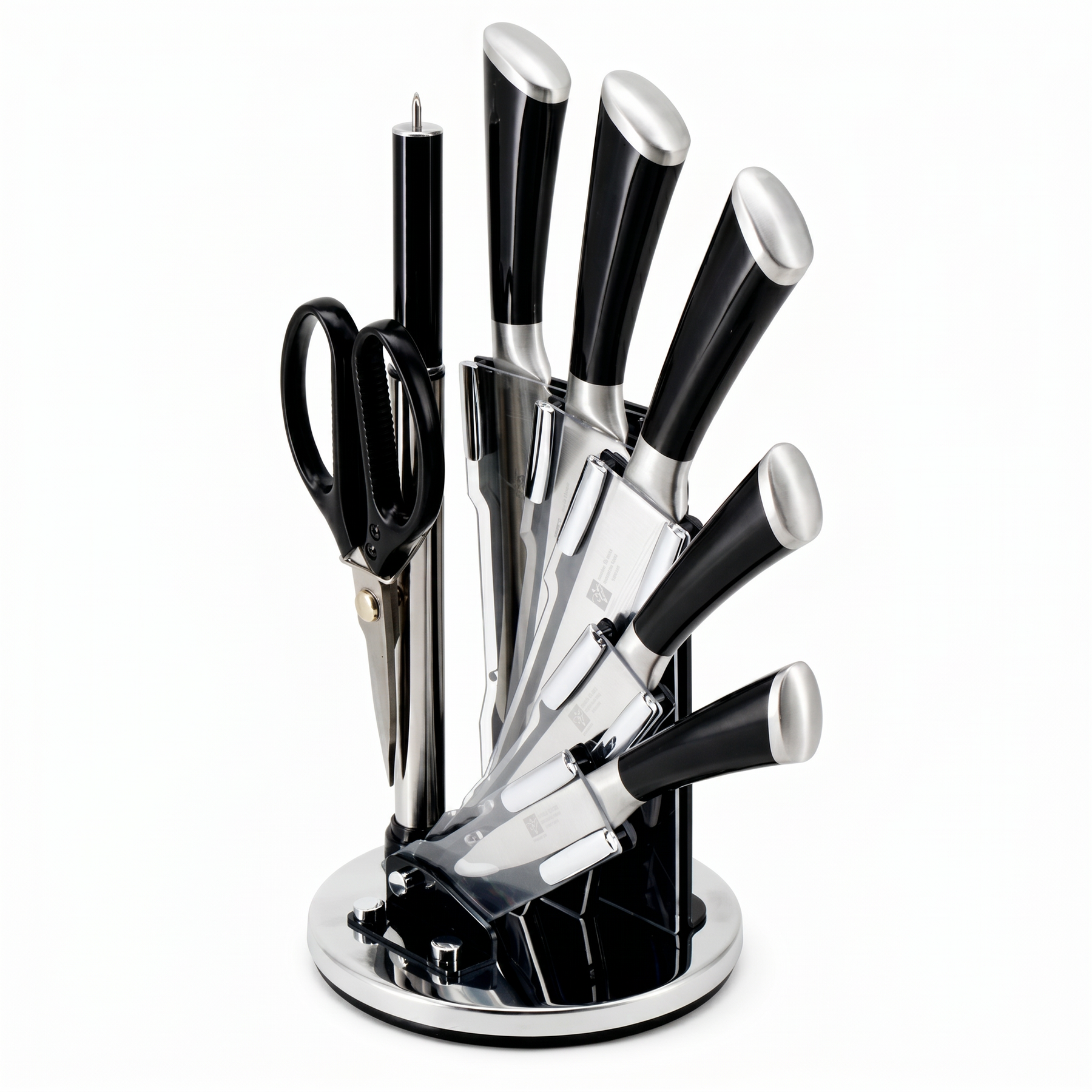 Modern Stainless Steel Knife Set with Rotating Black Stand - Ergonomic Handles & Kitchen Scissors