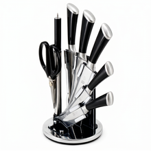 Modern Stainless Steel Knife Set with Rotating Black Stand - Ergonomic Handles & Kitchen Scissors