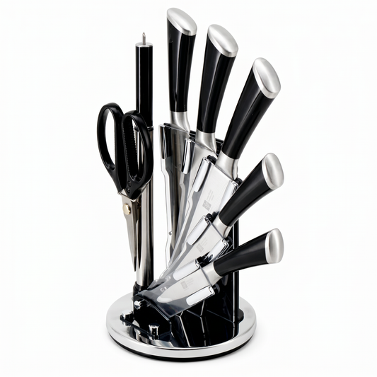 Modern Stainless Steel Knife Set with Rotating Black Stand - Ergonomic Handles & Kitchen Scissors