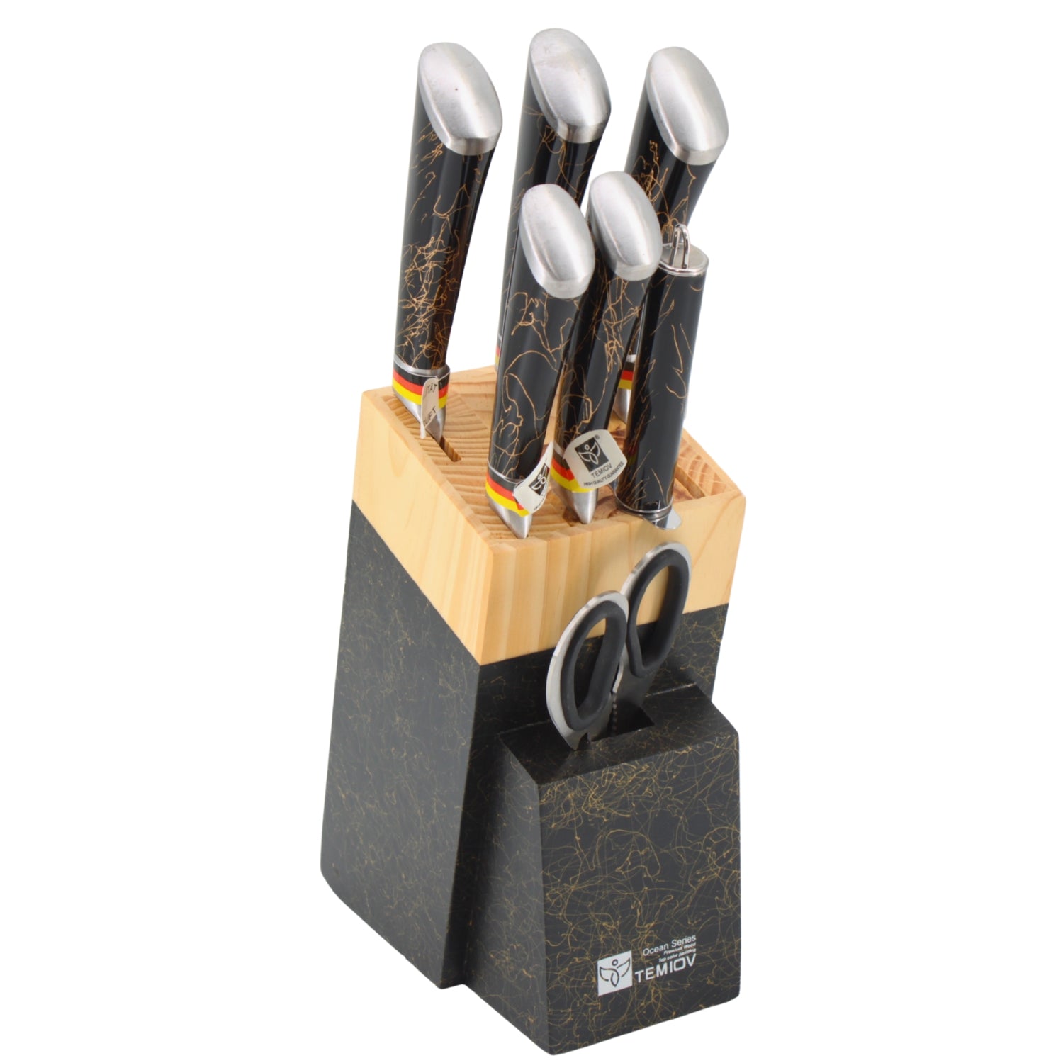 Luxury Black & Gold Marble Knife Block Set with Stainless Steel Knives