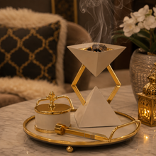 Modern Beige Geometric Mabkhara Bakhoor Incense Burner Set with Gold Tray