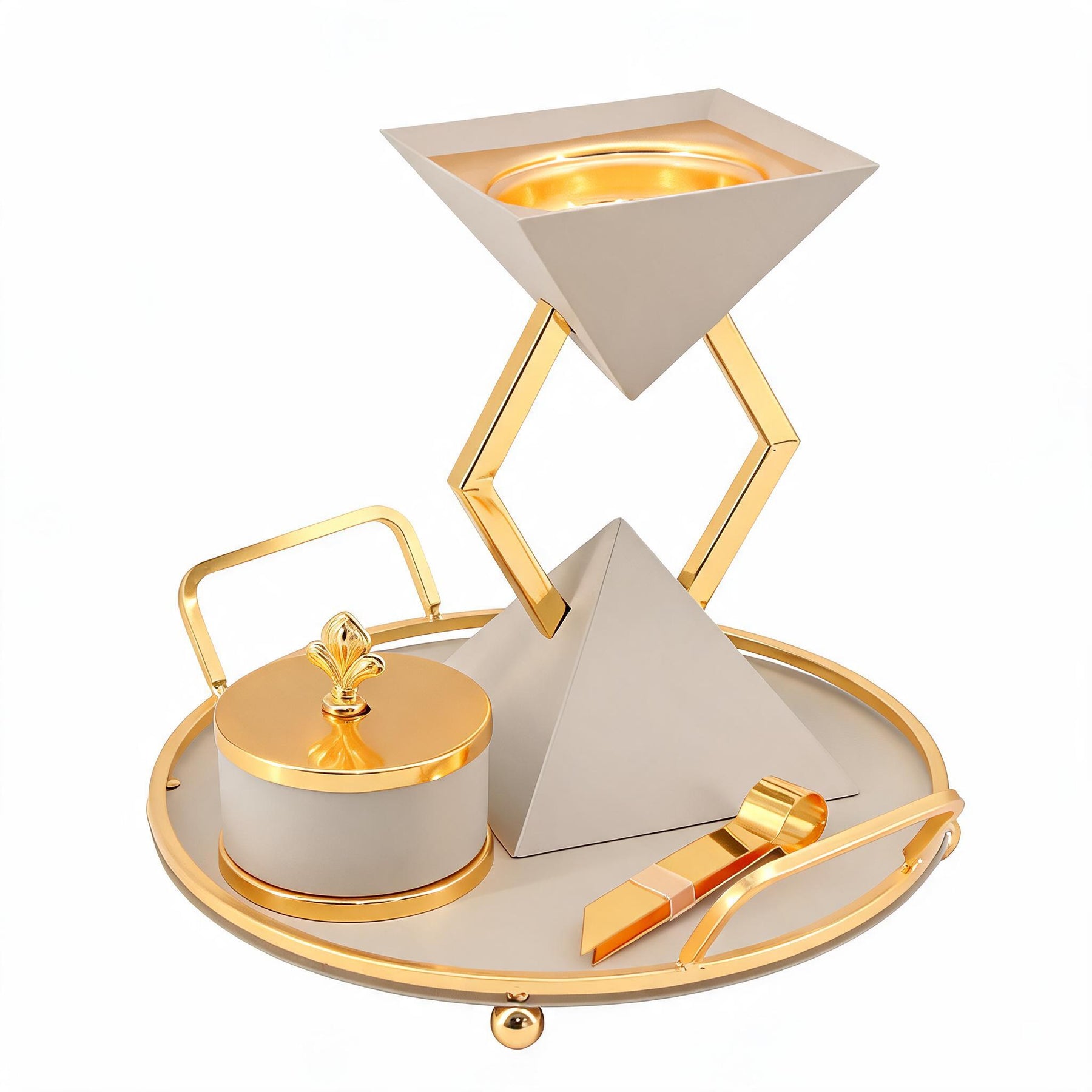 Modern Beige Geometric Mabkhara Bakhoor Incense Burner Set with Gold Tray