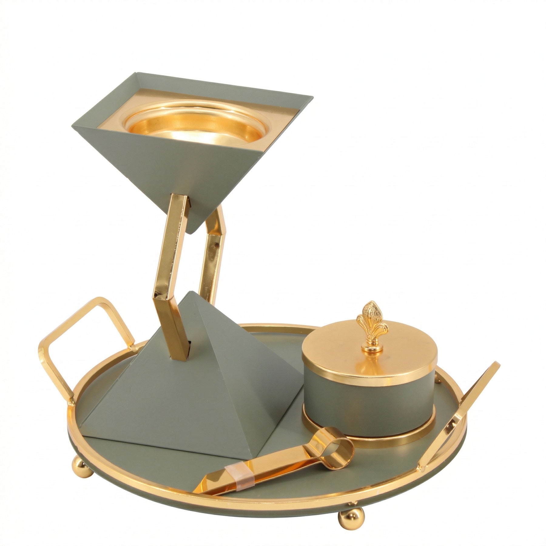 Modern Geometric Sage Green Mabkhara Bakhoor Incense Burner Set with Tray