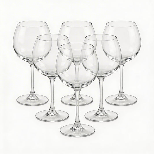 Clear Stemmed Wine Glass Set - Classic Round Bowl Drinking Glasses (Set of 6)
