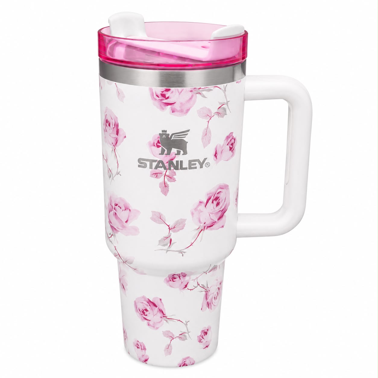 Stanley Quencher-Style Floral Travel Tumbler with Handle & Straw Lid – White Insulated Drink 40-OZ Cup