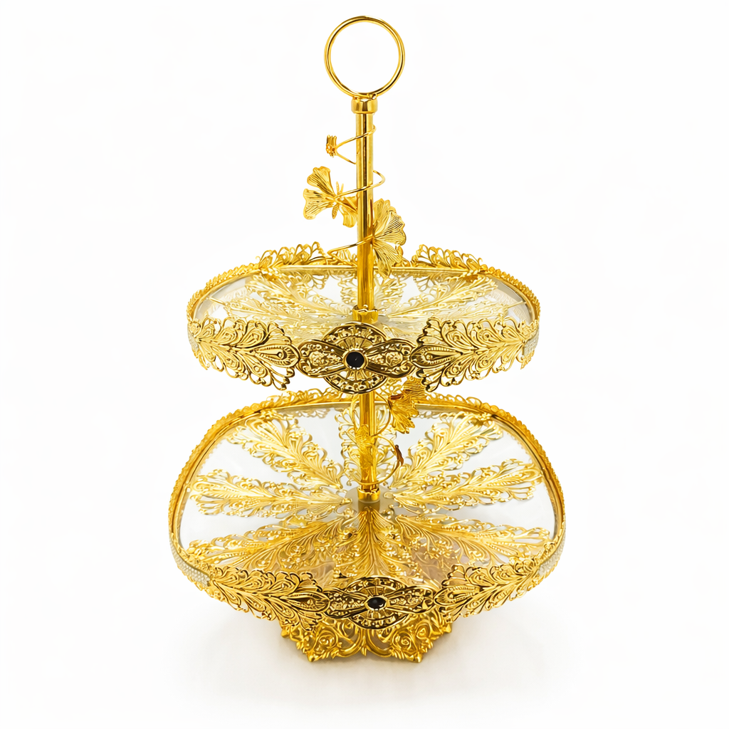 Luxury Gold 2-Tier Dessert Stand with Ornate Filigree Trays