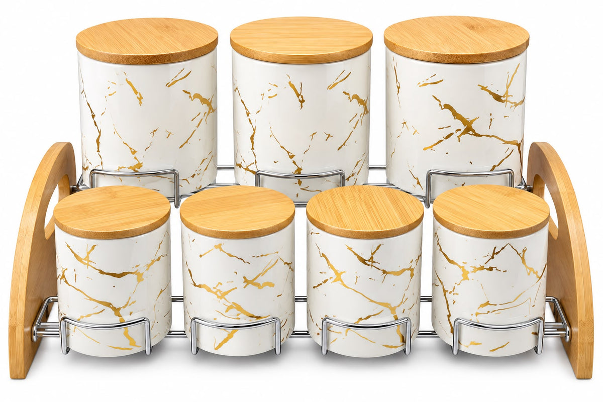 7-Piece White & Gold Marble-Design Kitchen Canister Set with Bamboo Lids & Two-Tier Storage Rack