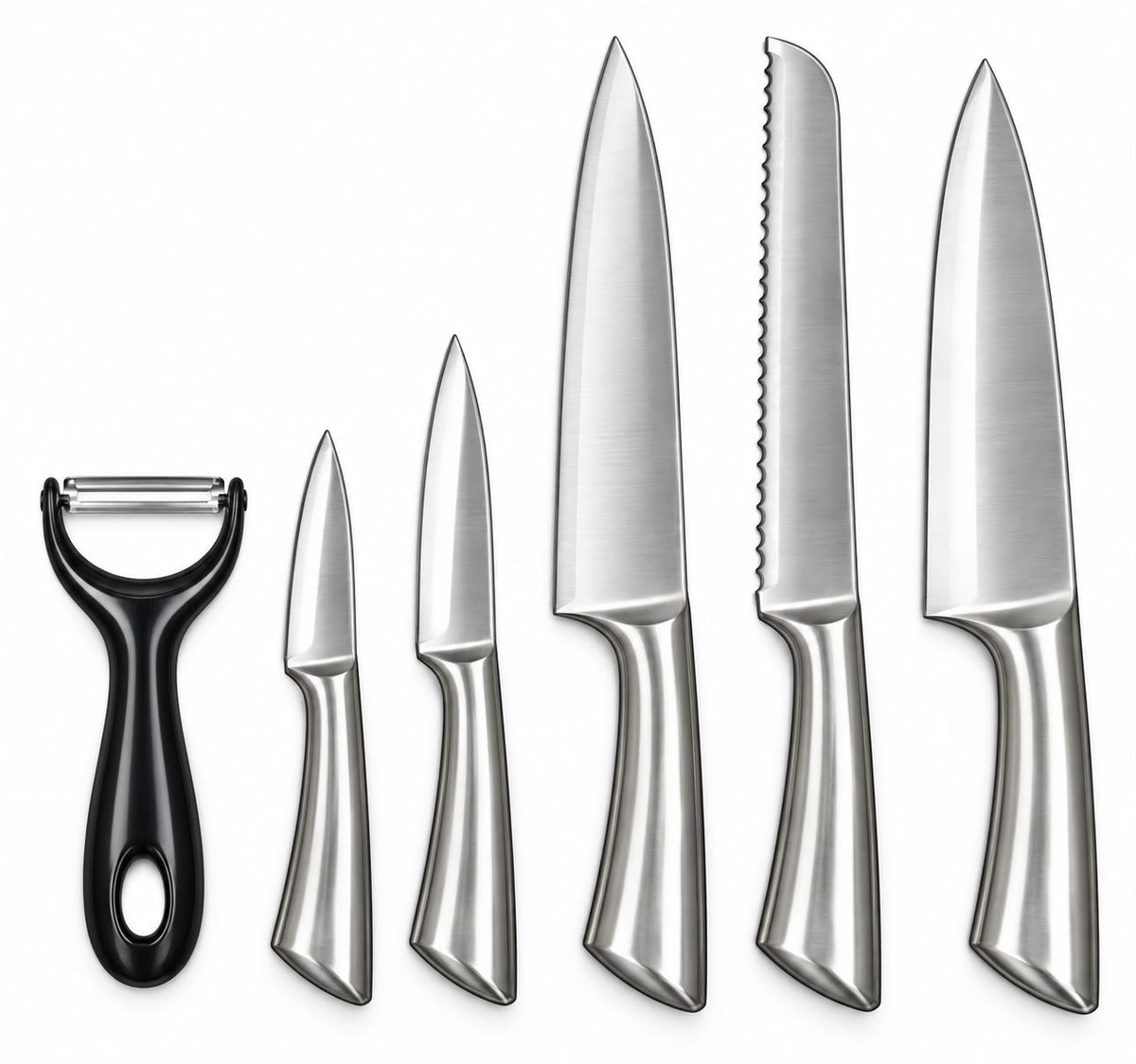 6-Piece Stainless Steel Kitchen Knife Set with 5 Assorted Knives & Y-Peeler – Silver & Black