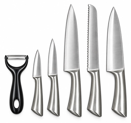 6-Piece Stainless Steel Kitchen Knife Set with 5 Assorted Knives & Y-Peeler – Silver & Black