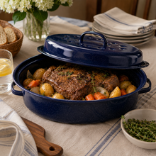 13" Oval Covered Roaster with Metal Grate - Navy Blue | Oven-Safe Non-Stick Bakeware