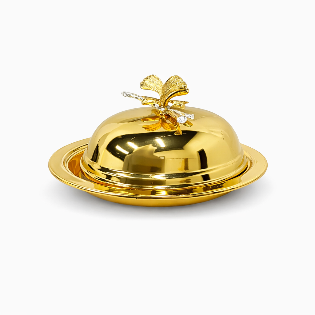 Elegant Gold Butter Dish with Dome Lid & Butterfly Handle