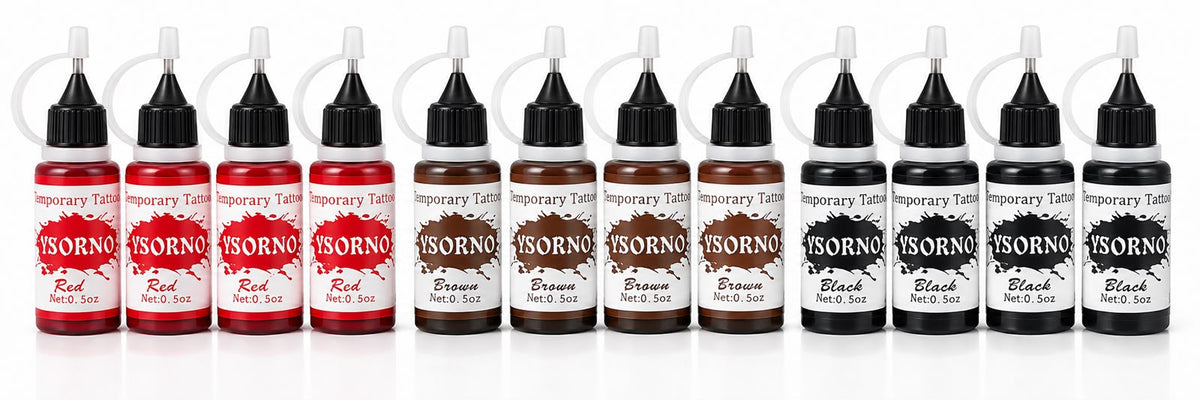 12-Pack Temporary Tattoo Ink Set – Red, Brown & Black, 0.5 oz Bottles, 4 of Each Color