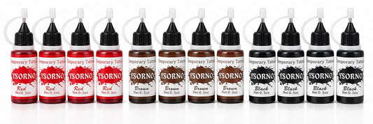 12-Pack Temporary Tattoo Ink Set – Red, Brown & Black, 0.5 oz Bottles, 4 of Each Color