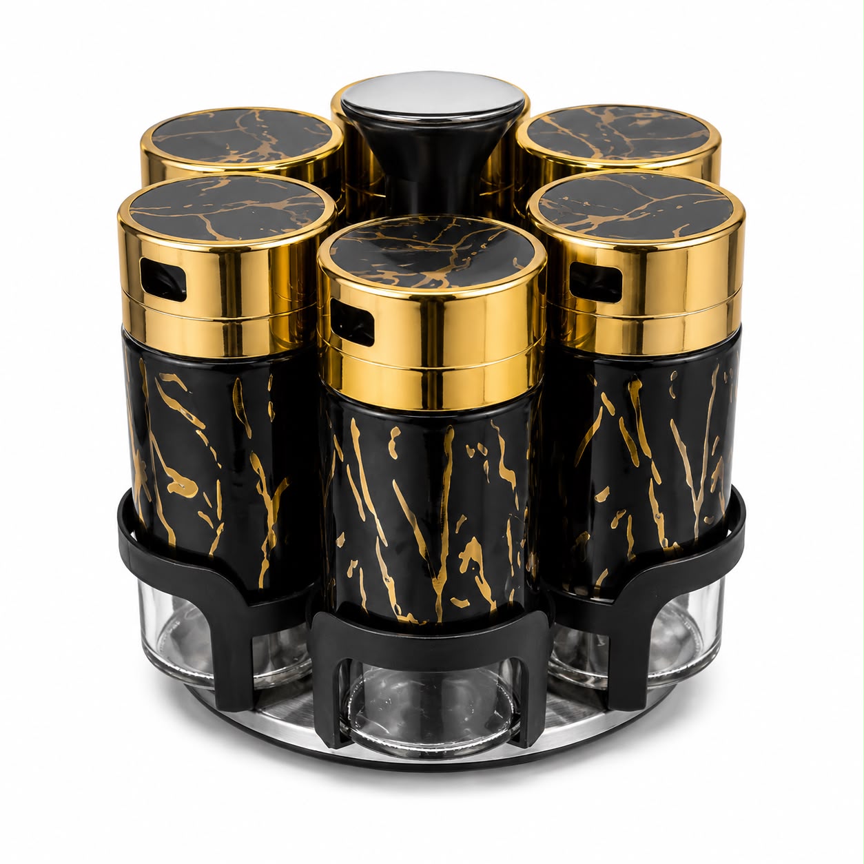 Premium Black 6 Piece Glass Spice Jars with Turntable Stand