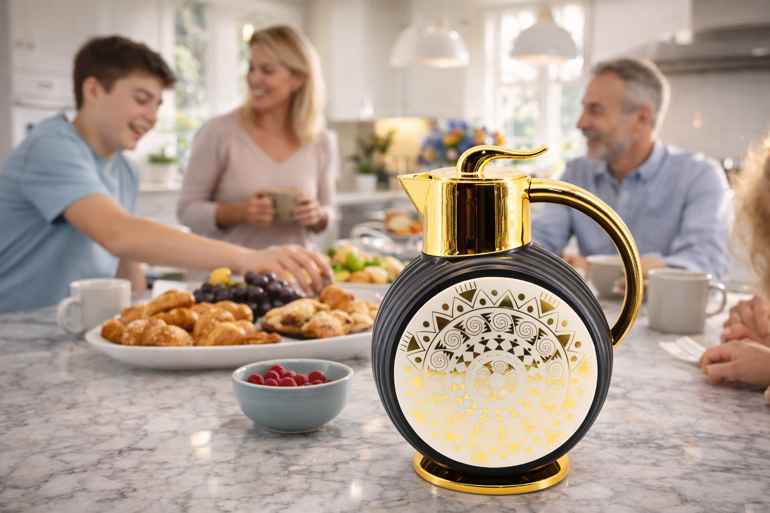 Majlis Mosaic Round Vacuum Jug Flask Black & Gold 1L