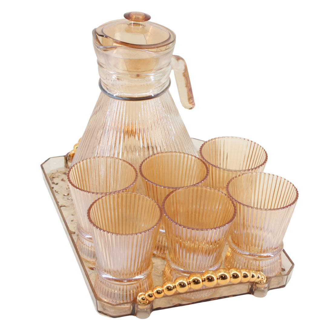Amber Ribbed Glass Tea Set with Tray