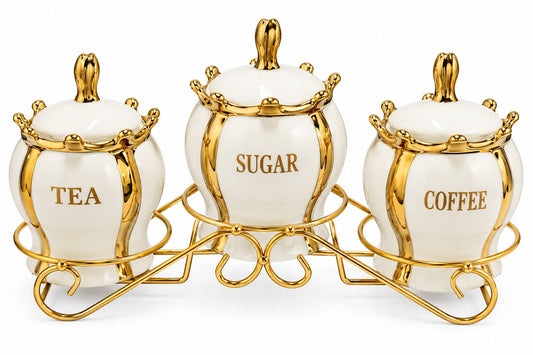 Luxury White & Gold Coffee, Tea & Sugar Canister Set with Metal Stand