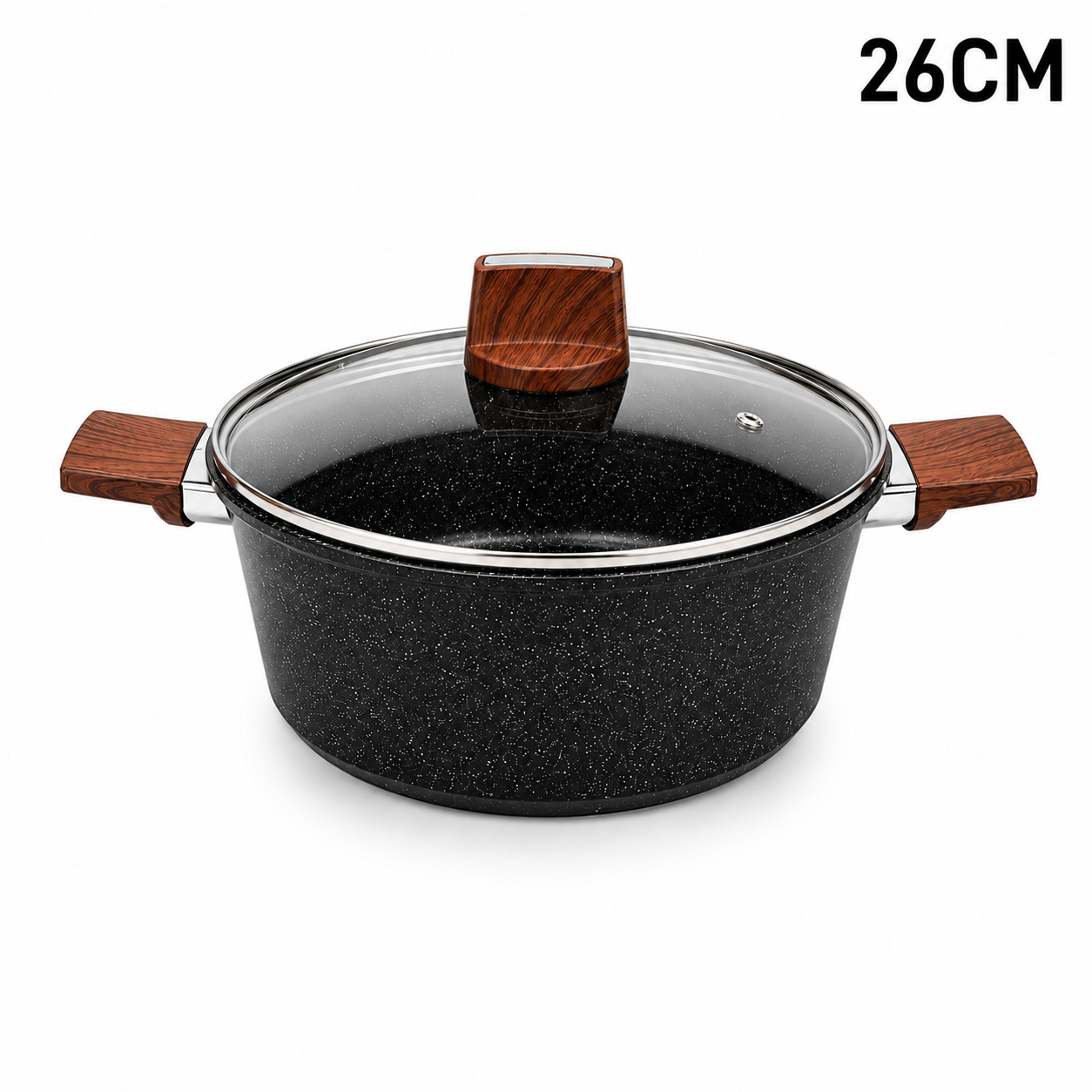 Marble Coated 26CM Dual Wooden Handled Stock Pot with Lid