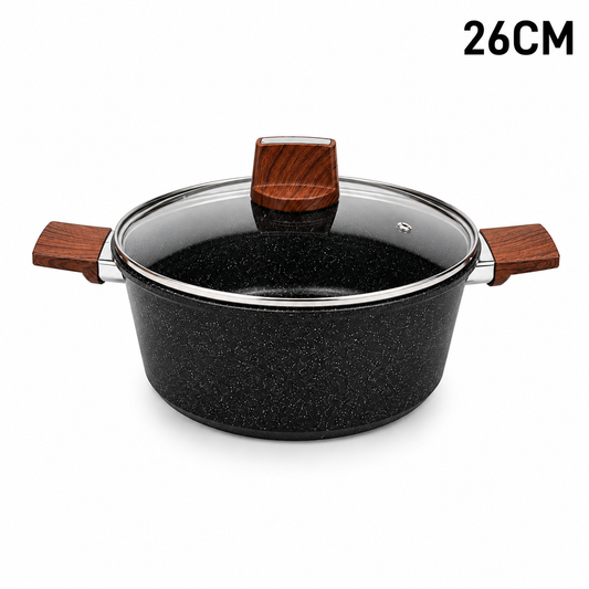 Marble Coated 26CM Dual Wooden Handled Stock Pot with Lid