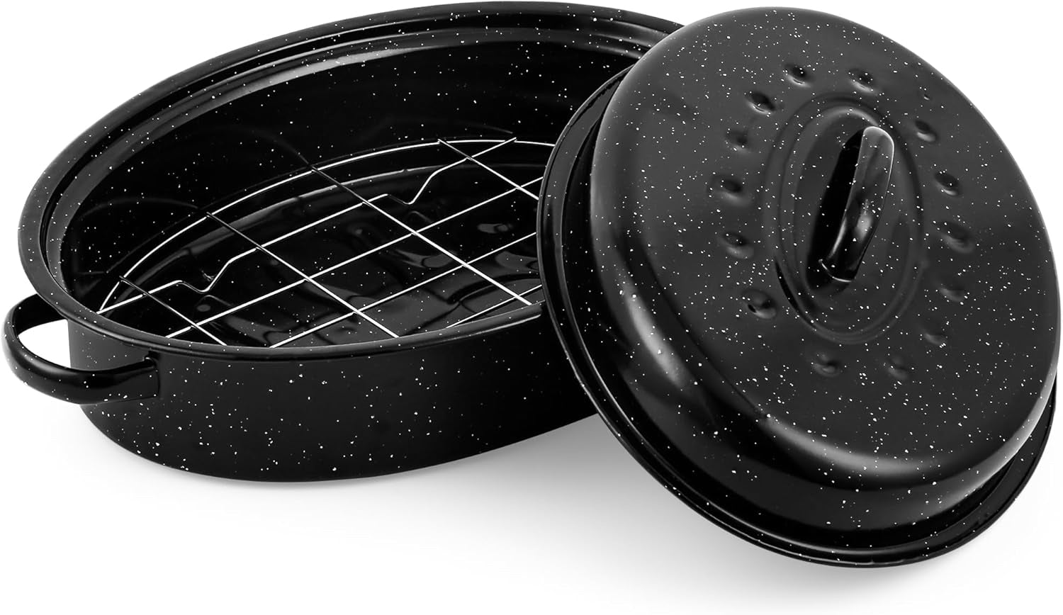 15" Oval Covered Roaster with Metal Grate - Black | Oven-Safe Non-Stick Bakeware