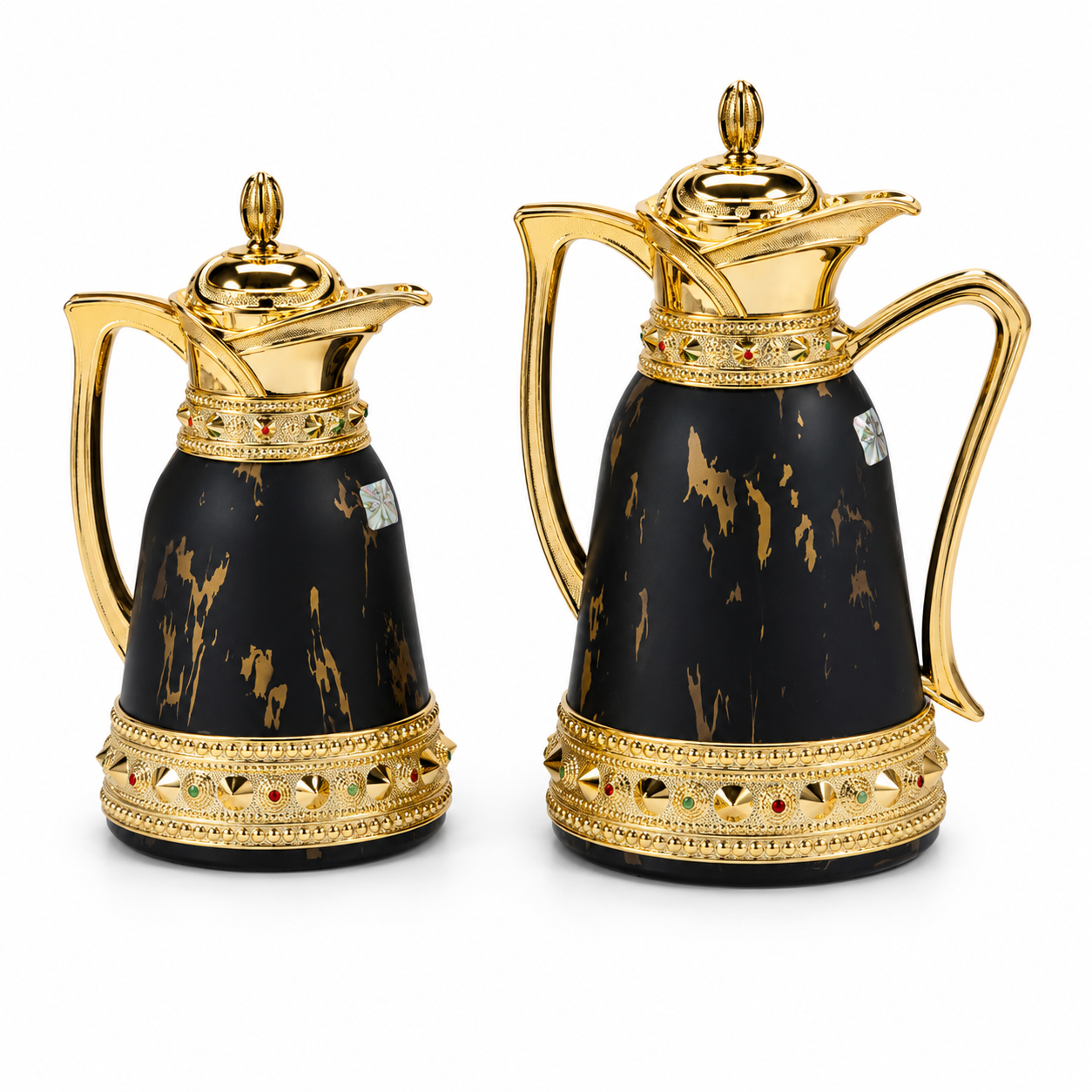 Luxury Black & Gold Arabic Dallah Thermos Set - Marble Finish - 0.7L + 1.0L