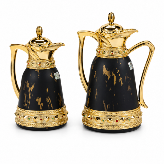 Luxury Black & Gold Arabic Dallah Thermos Set - Marble Finish - 0.7L + 1.0L