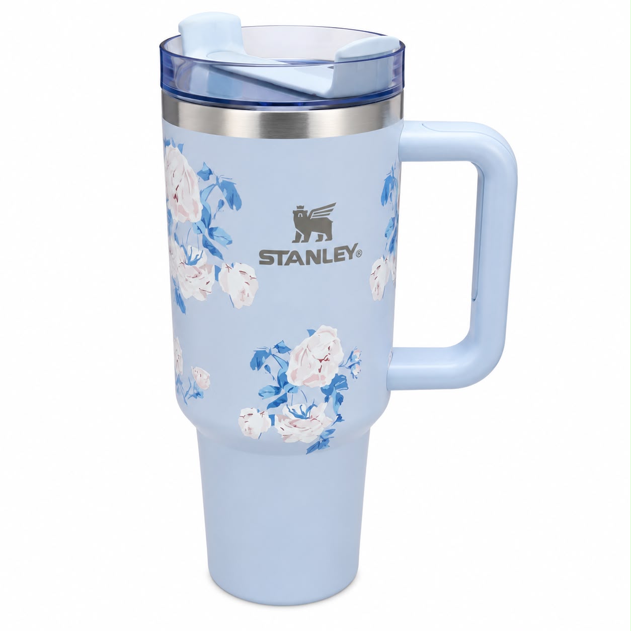 Stanley Quencher-Style Floral Travel Tumbler with Handle & Straw Lid – Sky Blue Insulated Drink 40-OZ Cup