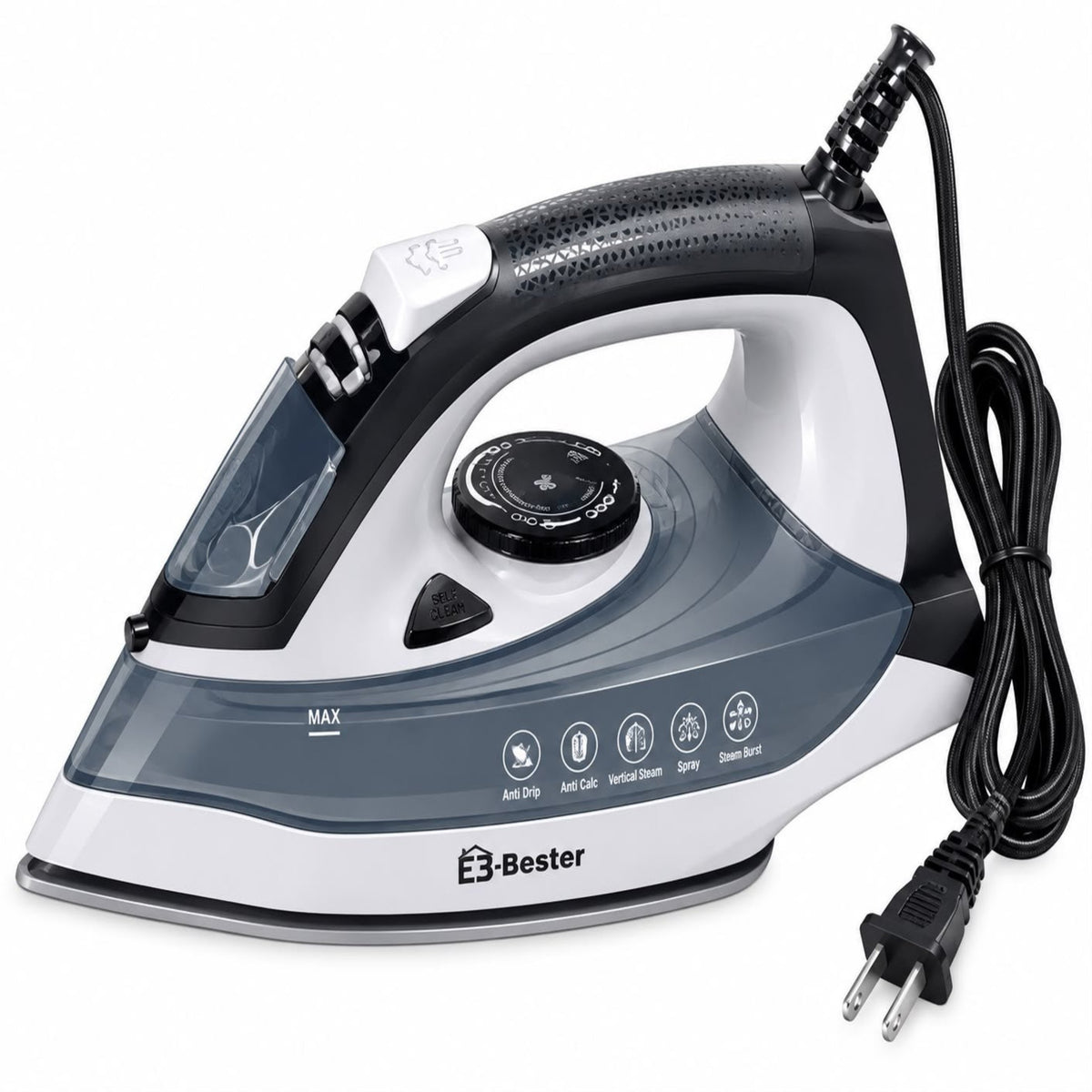 E3-Bester Electric Steam Iron with Adjustable Temperature, Steam Burst, Spray & Self-Clean – White/Gray