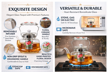 Floral Glass Tea Kettle with Ceramic Handle & Stainless Steel Infuser - 1400ml
