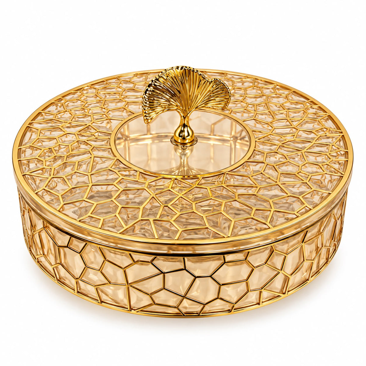 Luxury Round Gold Covered Serving Dish with Ginkgo Leaf Handle – Decorative Candy & Dessert Box, 11"