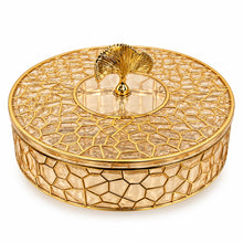Luxury Round Gold Covered Serving Dish with Ginkgo Leaf Handle – Decorative Candy & Dessert Box, 11"