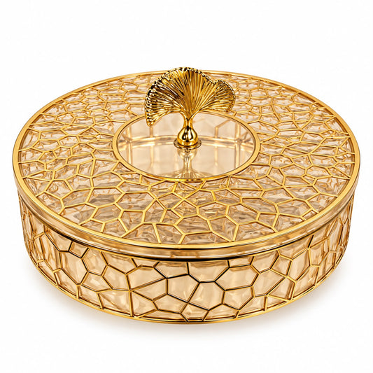 Luxury Round Gold Covered Serving Dish with Ginkgo Leaf Handle – Decorative Candy & Dessert Box, 11"