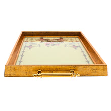 Vintage Floral Glass Serving Tray with Antique Gold Frame & Handles
