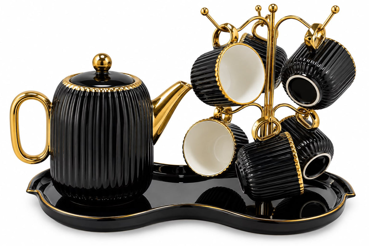7-Piece Black & Gold Ribbed Tea Set with Teapot, 6 Hanging Cups, Gold Cup Stand & Serving Tray