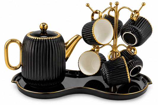 7-Piece Black & Gold Ribbed Tea Set with Teapot, 6 Hanging Cups, Gold Cup Stand & Serving Tray