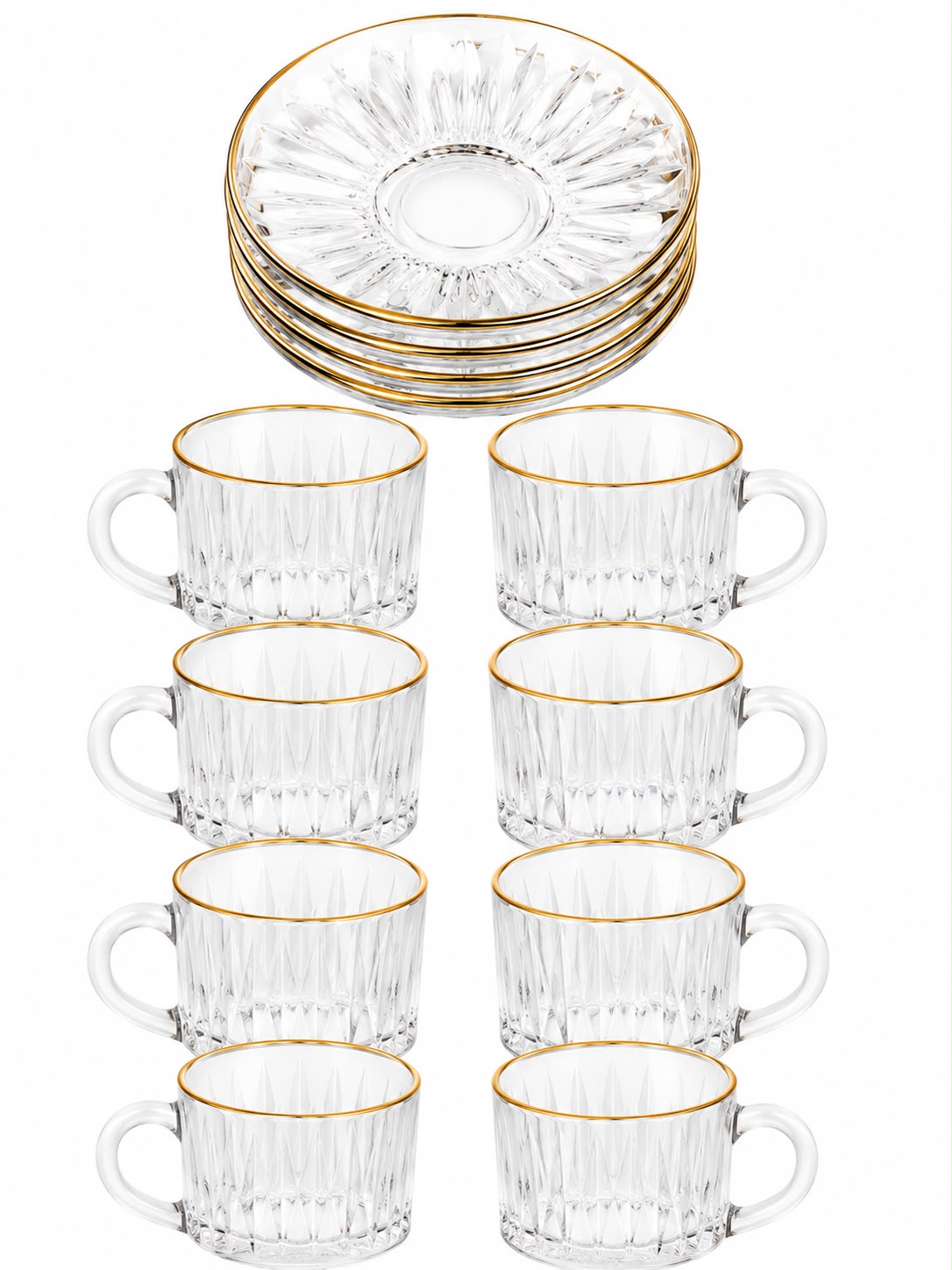 150 ML Premium Embossed Glass Coffee Mug Set – 6 Glass Mugs & 6 Gold Rim Saucers