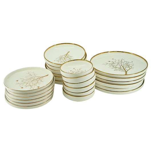 Contemporary White Dinnerware Collection with Tree Design - 24 Piece