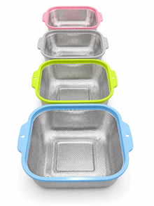 4-Piece XL Stainless Steel Square Mesh Strainer with Color-Coated Handles – Kitchen Colander for Washing, Draining & Rinsing Fruits and Vegetables