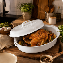 15" Oval Covered Roaster with Metal Grate - Ivory| Oven-Safe Non-Stick Bakeware
