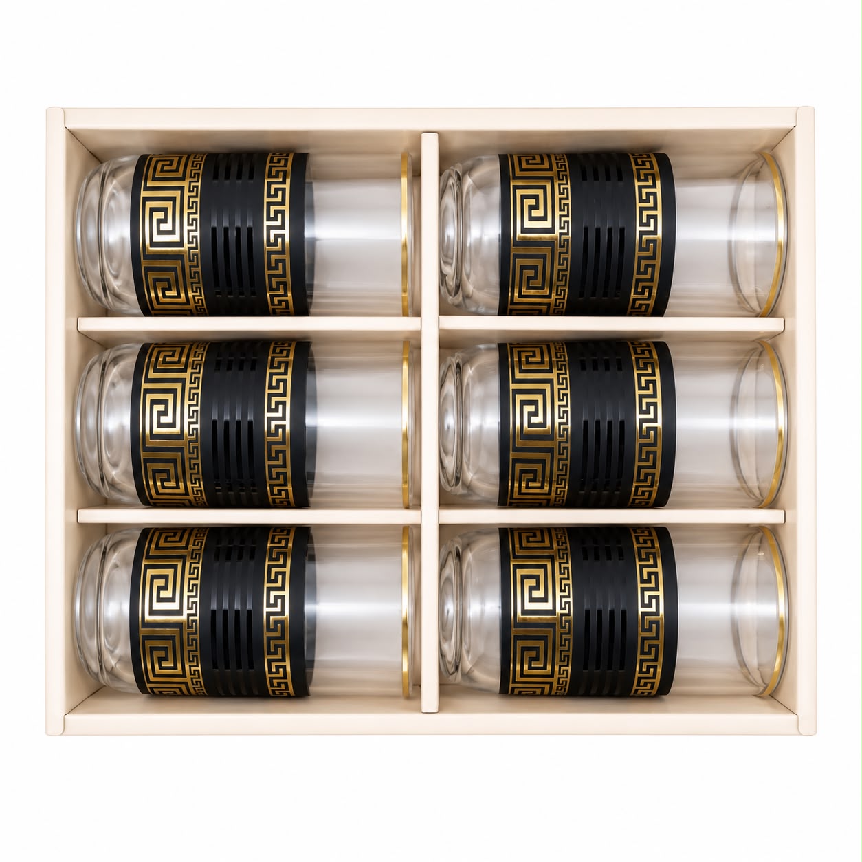 Modern 6-Piece Water & Juice Glass Set – Black & Gold Greek Key Design