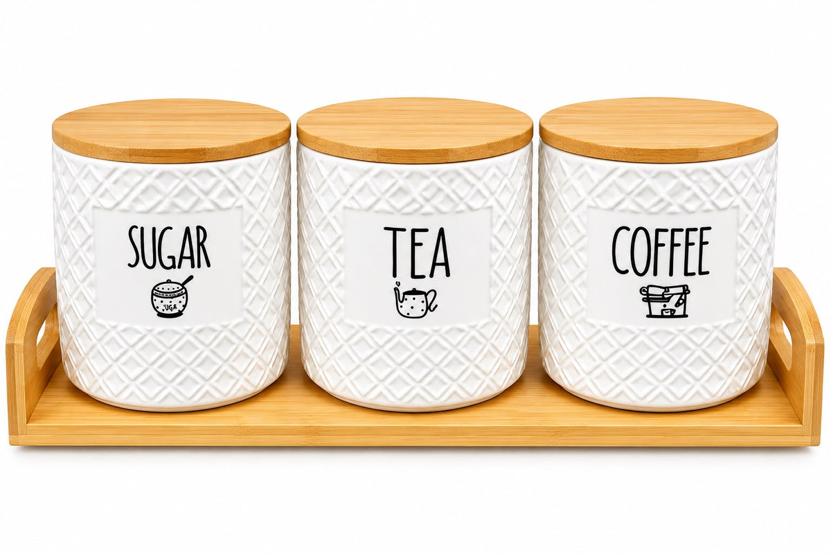 3-Piece White Sugar, Tea & Coffee Kitchen Canister Set with Bamboo Lids & Matching Tray