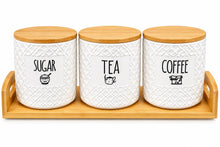 3-Piece White Sugar, Tea & Coffee Kitchen Canister Set with Bamboo Lids & Matching Tray