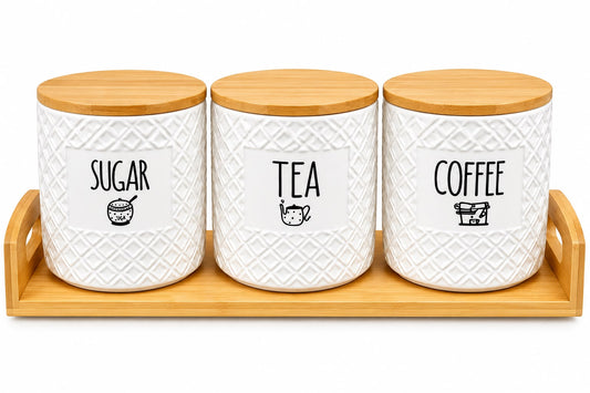 3-Piece White Sugar, Tea & Coffee Kitchen Canister Set with Bamboo Lids & Matching Tray