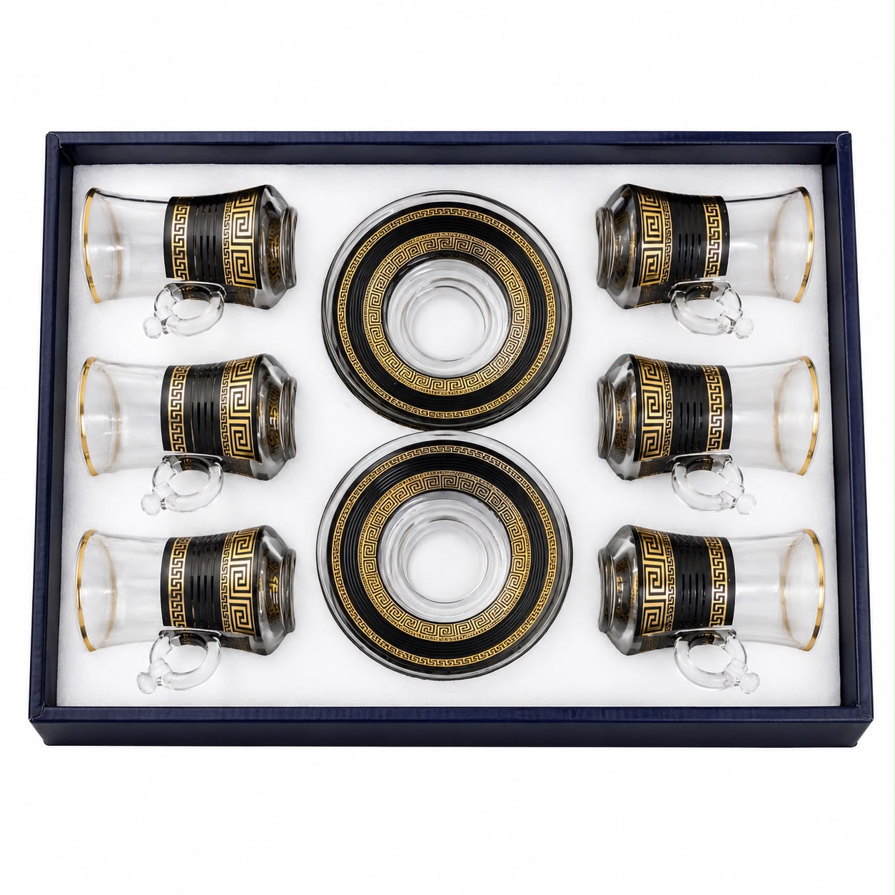 Elegant Turkish Tea Glass Set – 6 Glass Cups & 6 Matching Saucers with Black & Gold Pattern