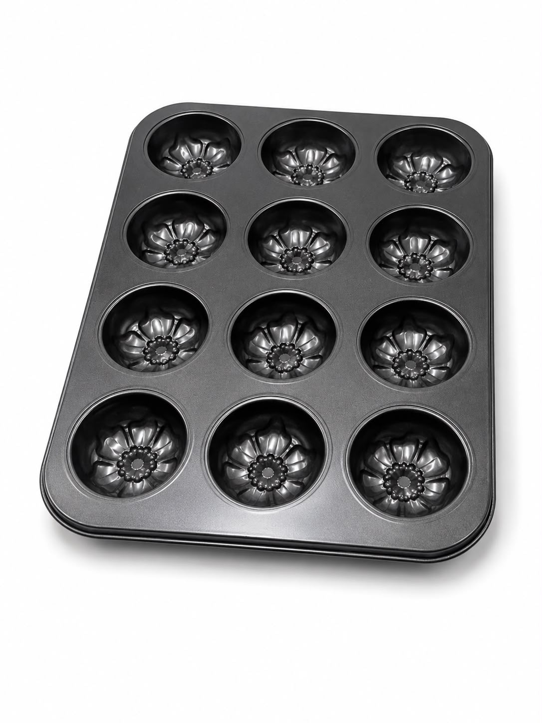 12-Cavity Floral Muffin & Cupcake Pan – Black
